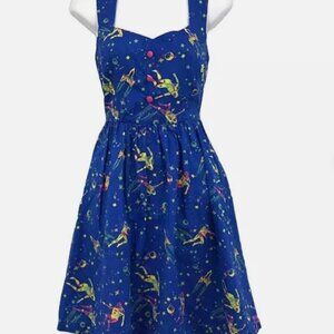 Modcloth Space Themed Dress Sleeveless Button Front Sweetheart Pockets Blue